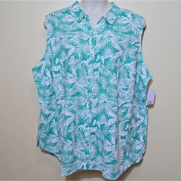 Croft & Barrow Linen Button Down Tank Women Plus 4X Collared Tropical Palm Leaf - Picture 13 of 13